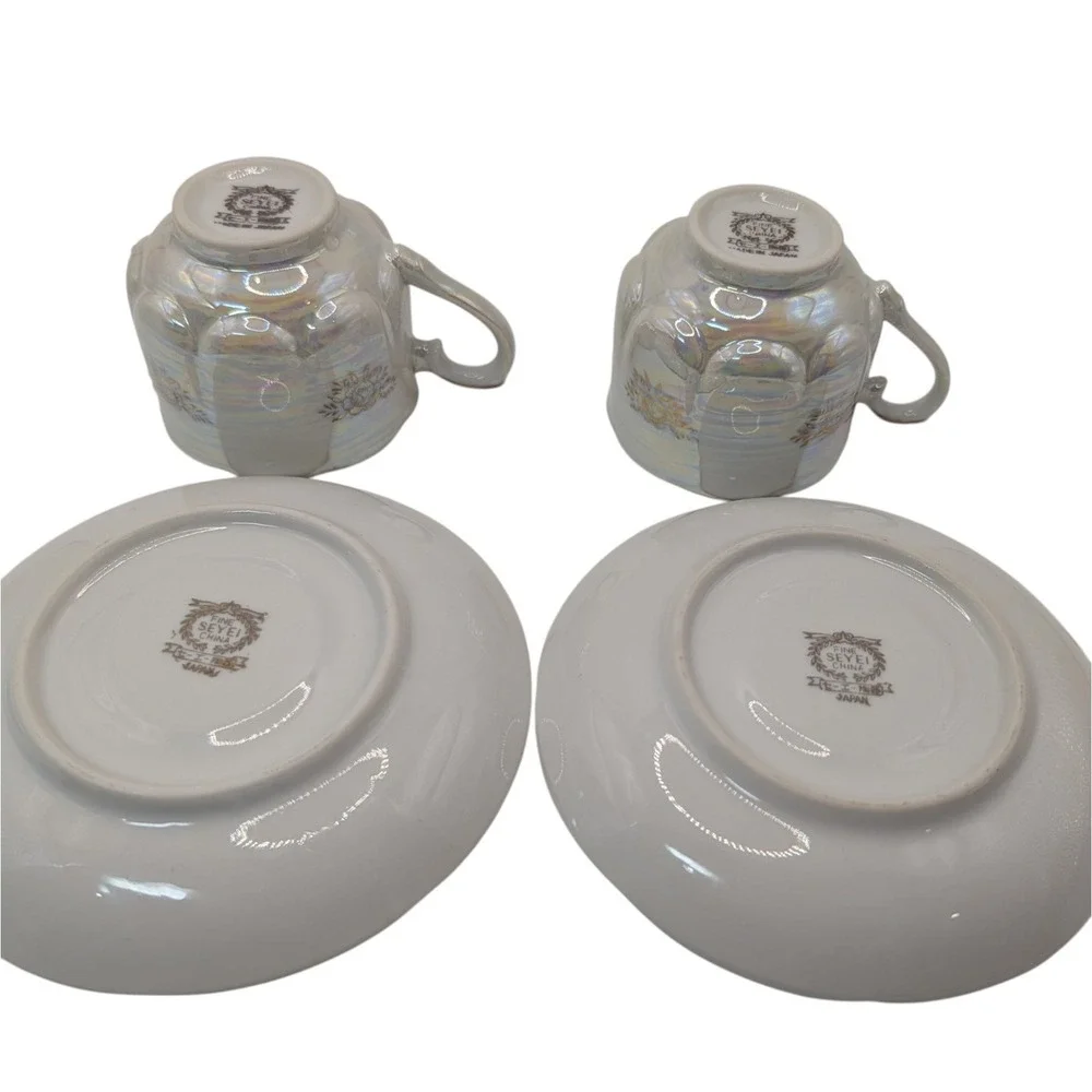 Vintage Seyei Fine China Demitasse Cups and Saucers Iridescent Floral Set of Two